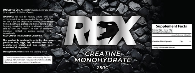 Rex Fitness Creatine Monohydrate 250g Powder - Pre-Work - Proven Physical Performance and recovery Unflavoured